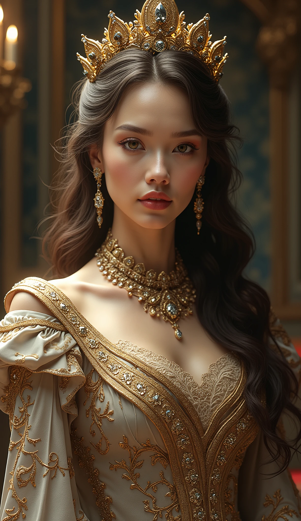 Arafed woman in a gold dress and a tiable with a gold necklace - SeaArt AI