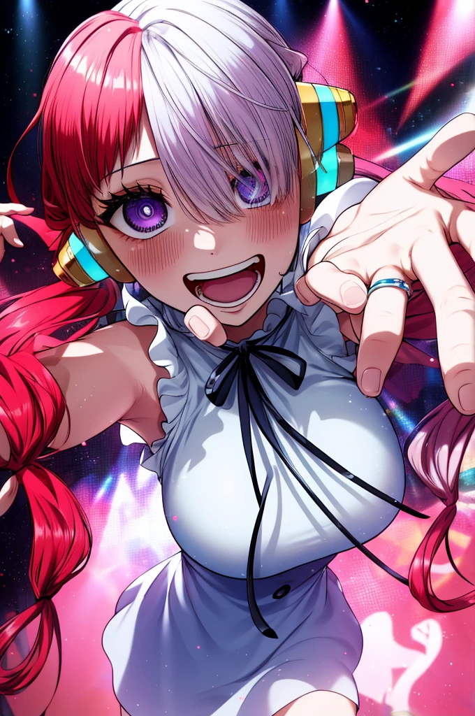 1 boy, 1 girl (exceptional, best aesthetic, new, newest, best quality, anime, waifu:1.2), master piece, best quality, ultra detailed, absurdres, highres, colored, good anatomy, black man, naked, big black cock, no face, smiling, holding girl's breast, Hiiragi Yuzu, pink hair, ahegao face, tongue out, semen gushing out of pussy, naked, big breast, flipping off
