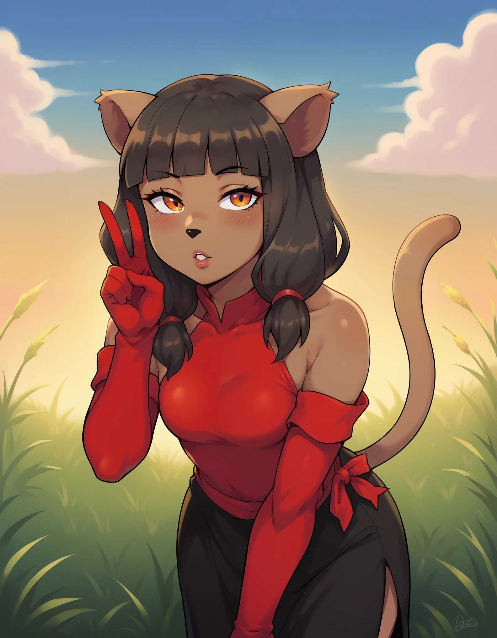 score_9, score_8_up, score_7_up, 1girl, Mirandaxl, dark skin, blunt bangs, twintails, orange eyes, animal nose, animal nose, cat girl, red dress, black dress, red elbow gloves, bare shoulders, leaning forward, cowboy shot, v sign, parted lips, blush, sky, grass