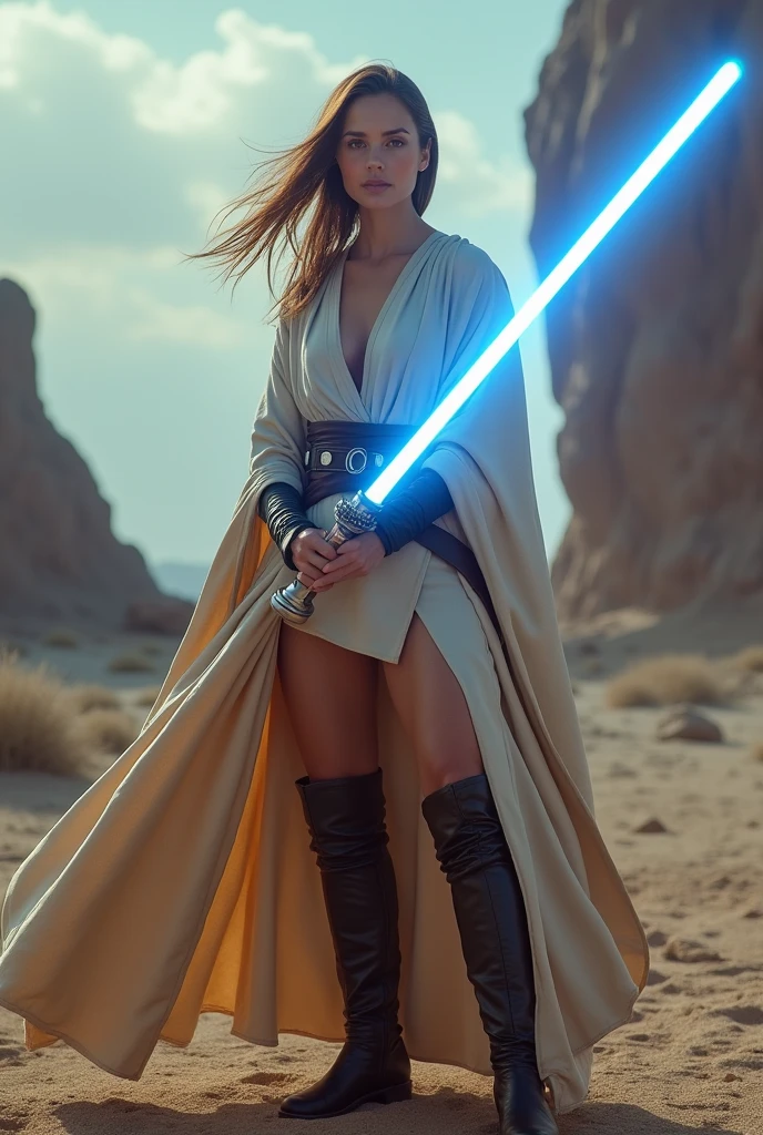 [Daisy Ridley:Koh_DaisyRidley:1], female jedi, Rey Skywalker with pearlescent shiny skin holding gold light saber in white robe outfit, big butt, butt focus, gold energy lightsaber, on a cliff overlooking sea, head looking down, (hyperdefined), epic, science fiction aesthetic, dramatic lighting, (flat colors), ultra detailed, (fine-details:1.2), absurdres, (atmosphere), backshot, 8k, photorealistic, raw photo, best quality, skin details