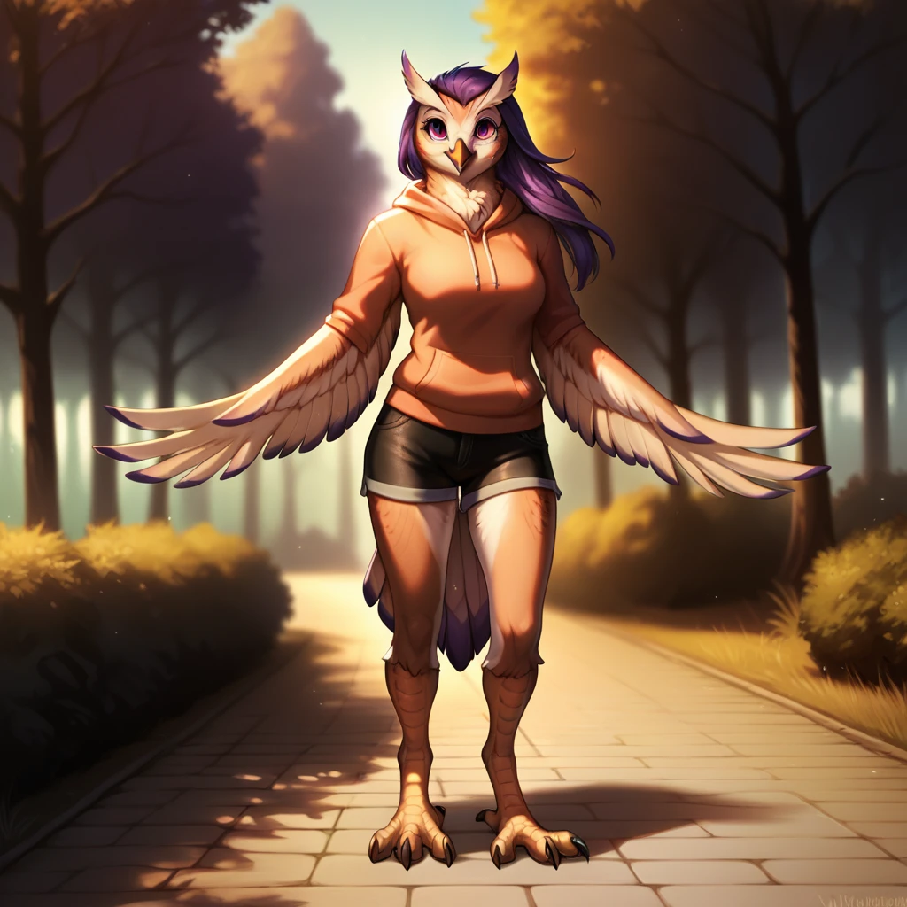 score_9, score_8_up, score_7_up, score_6_up, BREAK source_furry, 1girl, solo, (smile, happy, happy expression), expressive, anthro, bird, avian, (owl), accipitriform, female, sweatshirt, shorts, clothed, tail feathers, purple hair, long hair, detailed feathers, feathers, full body, purple eyes, purple feathers, white feathers black feathers, detailed, winged arms, feather hands, realistic, eyelashes, beak, claws, yellow legs, eyebrows, standing, detailed background, park