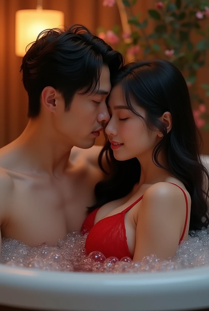 Masterpiece, perfect picture, african man and korean woman, couple of (african man) and (beautiful korean woman), african man, beautiful korean woman, erotic couple, erotic expression, beautiful woman, beautiful eyes, sexy lips, perfect beauty, perfect body, sexy body, big boobs, almost naked, necklace, earrings, in romantic swimming pool, perfect Photoshot, cinematic