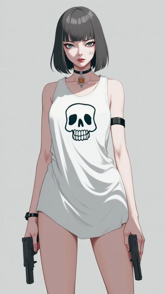 hiquality, tmasterpiece (one girls) Thin body, frowning face, short dark hair. gray eyes, body piercings, ament, pale skin. dark t-shirt with a skull, panty, bare feet.