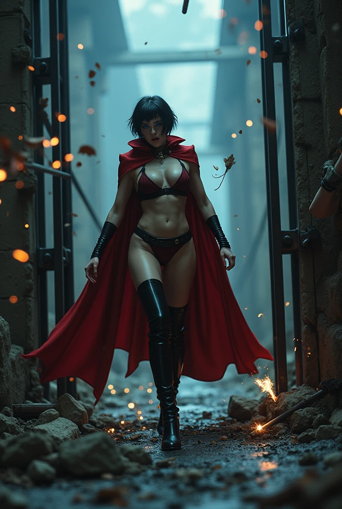Beautiful and sexy undead vampire gothic girl with short dark hair and blue eyes, Big big butts, super muscular , Super strong and huge short red cape lingerie , Waders, A BBW in stockings lifts a giant tank over her head laughing as explosive grenades are fired at her which explode on her steel body and the bullets bounce off her body crushed and melted