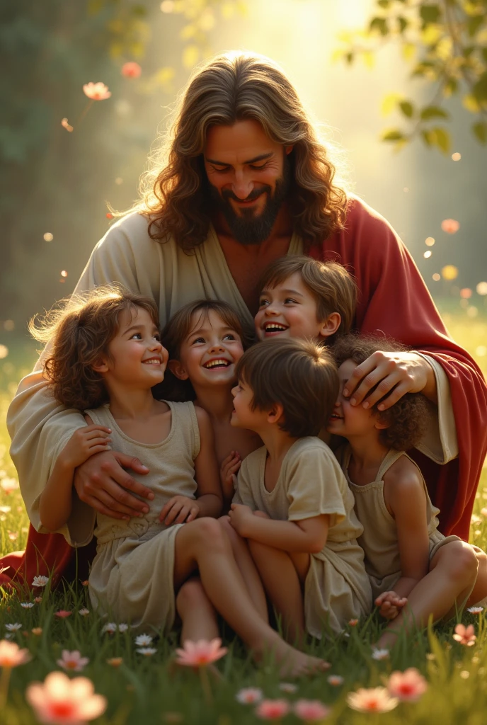 Jesus christ blessing the children who sat on his legs