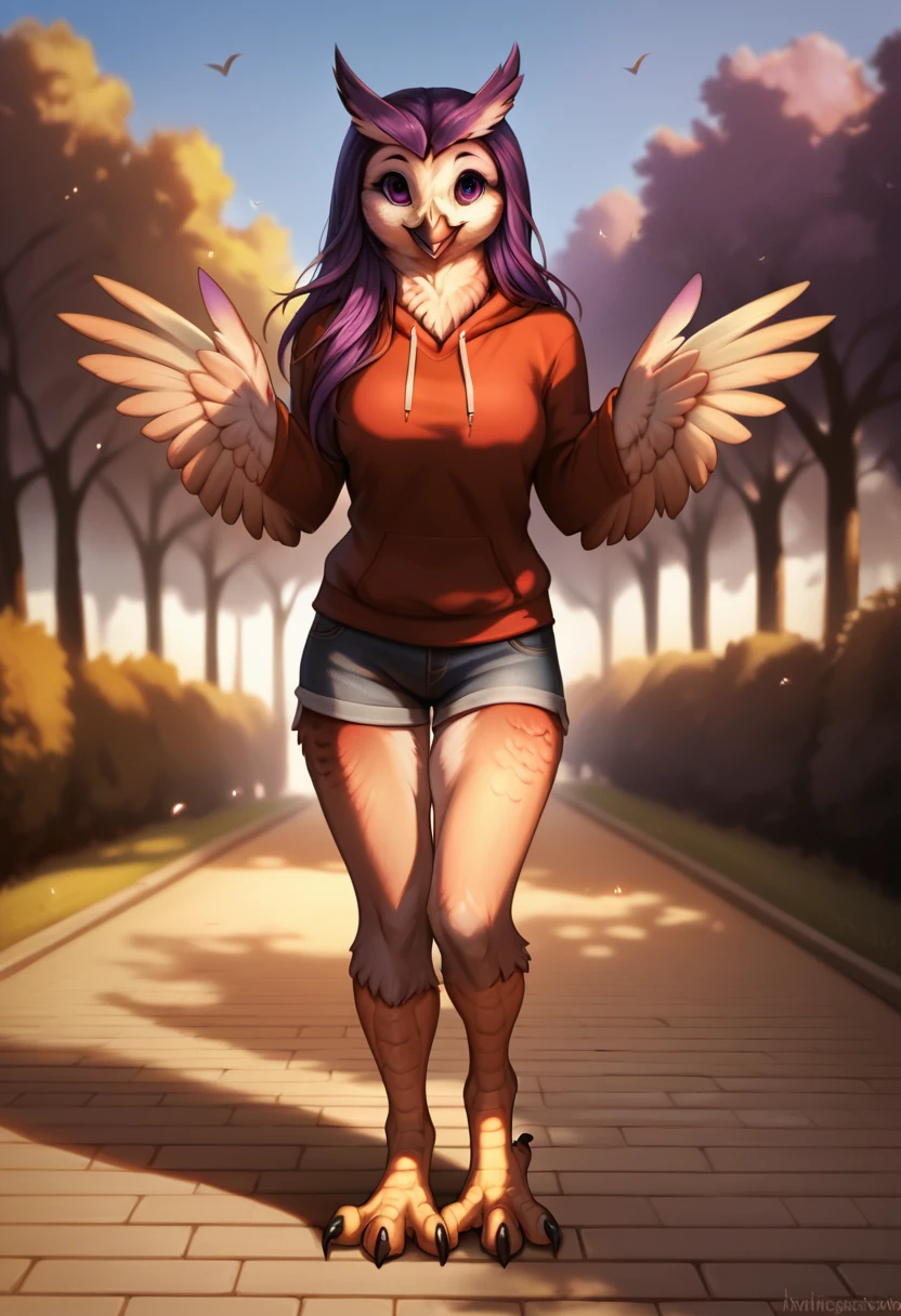 score_9, score_8_up, score_7_up, score_6_up, BREAK source_furry, 1girl, solo, (smile, happy, happy expression), expressive, hi res, anthro, bird, avian, (owl), accipitriform, female, sweatshirt, shorts, clothed, tail feathers, purple hair, long hair, detailed feathers, feathers, full body, purple eyes, purple feathers, white feathers, detailed, winged arms, feather hands, realistic feathers, realistic, eyelashes, beak, claws, yellow legs, eyebrows, standing, detailed background, park