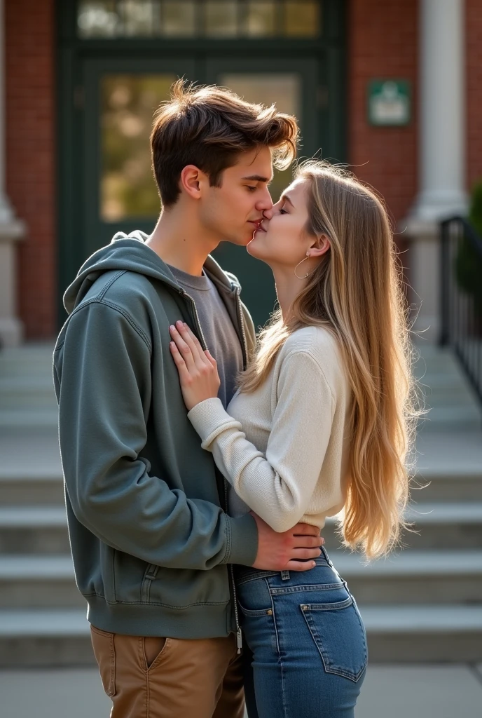 Two male students in women's clothes kiss
