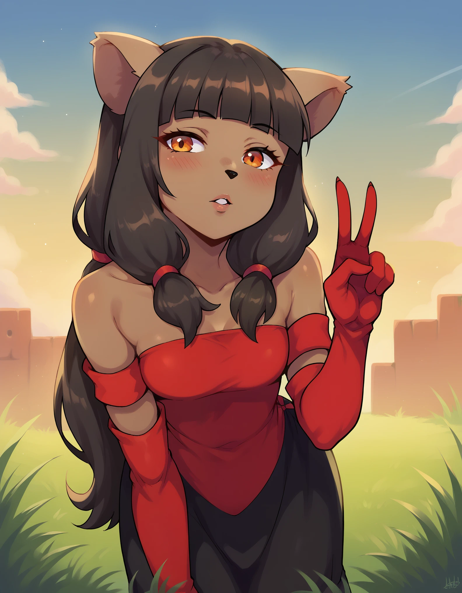 score_9, score_8_up, score_7_up, 1girl, Mirandaxl, dark skin, blunt bangs, twintails, orange eyes, animal nose, animal nose, cat girl, red dress, black dress, red elbow gloves, bare shoulders, leaning forward, cowboy shot, v sign, parted lips, blush, sky, grass