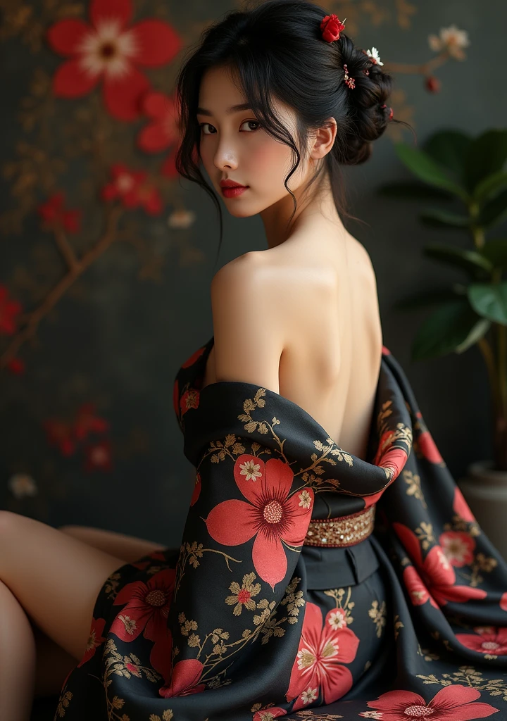 one naked araffe asian woman in kimono undressing holding a cigarette, in kimono, japanese goddess, elegant japanese woman, japanese model, in a kimono, glamorous and sexy geisha, wearing kimono, japanese woman, traditional japanese, japanese, kimono, organic seductive geisha, wearing a kimono, japanese kimono, japaneese style, traditional beauty, beautiful asian girl, beautiful asian woman, black red kimono, blond hair