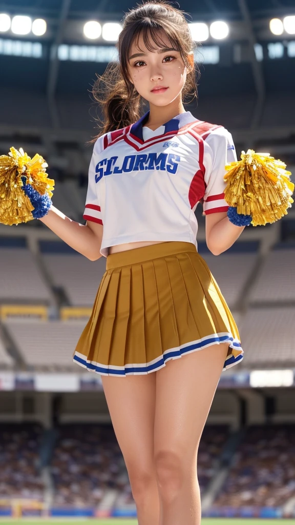 masterpiece, best quality, illustration, Super detailed, fine details, High resolution, 8K,wall paper, perfect dynamic composition,(Details High quality, realistic depiction of eyes:1.3), short hair, (wavy hair:1.2), (cheer girl:1.5),(a miniskirt), pony tail hair, huge breasts, black hair color, Big Natural Color Lip, bold sexy pose, crying a little、Harajuku style、20 year old girl、cute type、ta、beautiful legs, hotel room, full body photo、focus on crotch, hposing Gravure Idol, Sexy shot looking at camera, Sunset, by the window, Summer, knee sox, make up, Curve