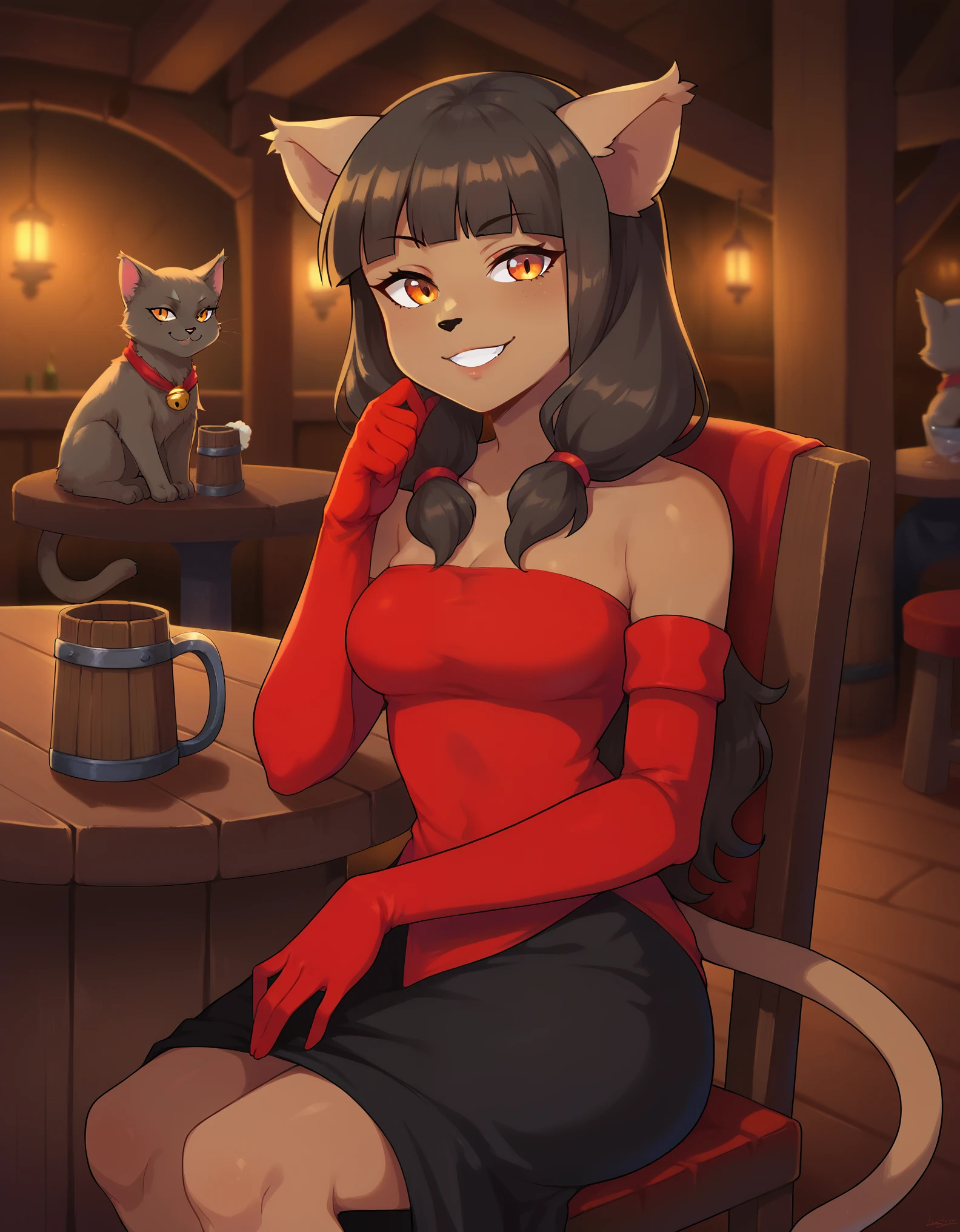 score_9, score_8_up, score_7_up, 1girl, Mirandaxl, dark skin, blunt bangs, twintails, orange eyes, animal nose, animal nose, cat girl, red dress, black dress, red elbow gloves, bare shoulders, smile, sitting on chair, tavern, solo, cat tail, fur, detailed, fluffy