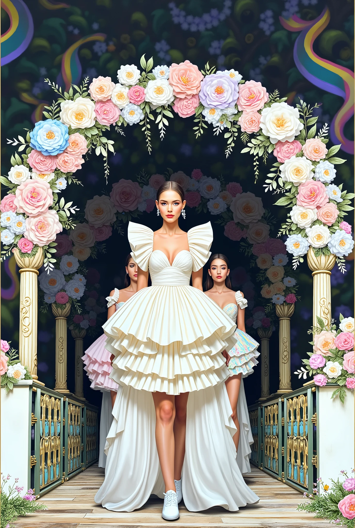 There are two women in dresses standing under a floral arch - SeaArt AI