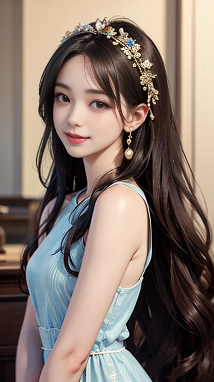 (Eyes on viewer 1.8),(Big Tits 1.8),(Gorgeous colorful dress 1.8),(Table Top 1.8),masterpiece,Highest Resolution,Dynamic bust of a beautiful Chinese woman,Delicate black bun,Wavy long hair,Black clear eyes,Her hair is covered with beautiful and delicate floral detailing., crystal jewelry filigree,Ultra-detailed details,beauty effect,Soft Lighting。