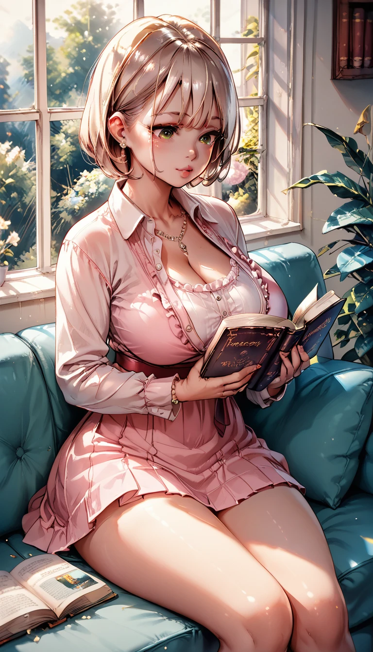 1 small shota boy ,1 mature woman, curvy, big ass, big boobs , sexy, wearing pink dress, reading a book , sitting on the couch, hentai, mom and son,
