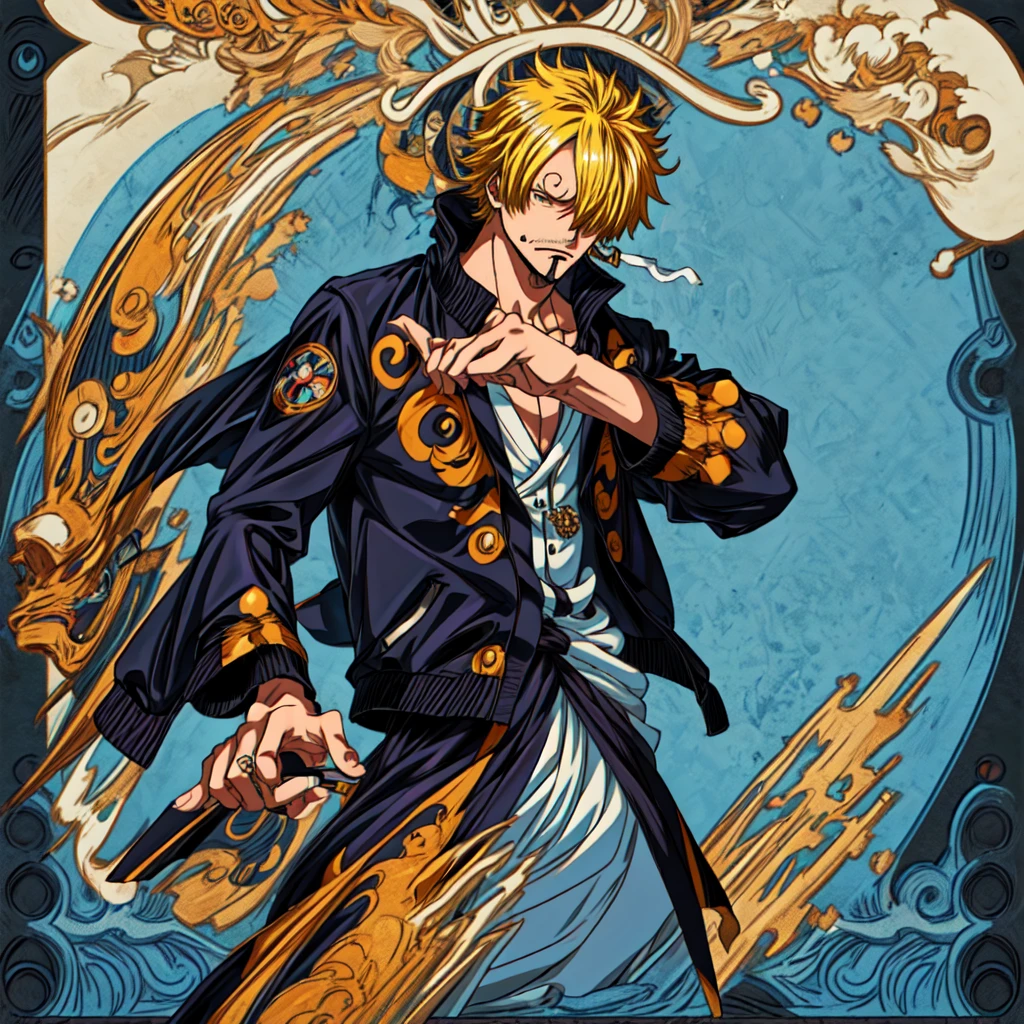 homen,sanji de one piece,cigarro,estilo anime,perna pegando fogo,detailed face,hair_over_one_eye,best quality,masterpiece,black jacket,eyeblow,extremely details, full body shot