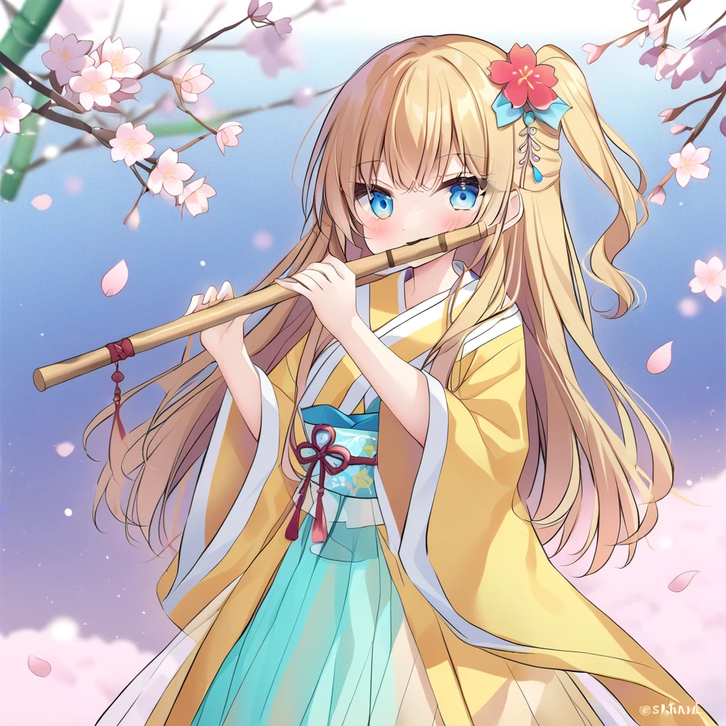 Blue Archive Style,shikitani_Asuka,Ray Tracing,One girl, Alone, Yellow clothes, Snow,cherry blossoms,Long Hair, Blonde,One side up,blue eyes,Hair accessories,Hanfu,Yaopei,See-through skirt,Bamboo flute, flower, holding Bamboo flute, hair flower,Gradient Background,
,  