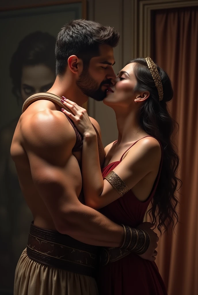 Muscular shirtless old man kissing sexy hot dark skinned indian model girl,girl in sexy tight hot yellow silk saree ,hot body,girl kissing old man very tightly,old man and girl having sex , kiss, in the bedroom ,Add more detail, full body view
