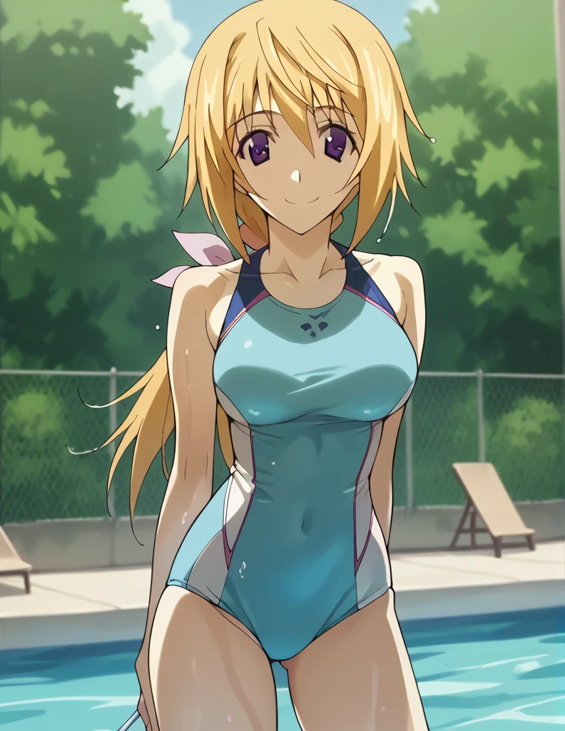 Score_9, Score_8_Superior, Score_7_Superior, sauce_anime,
Charlotte Denoy, Charlotte Dunois, Long Hair, blonde, ribbon, Purple eyes, ponytail, hair ribbon,
A tight fitting wet swimsuit,Outdoor, Poolside, I was already done, smile,
View your audience, Cowboy Shot, Alone, Dutch Angle,whole body,Large Breasts, by koyamahirokazu,