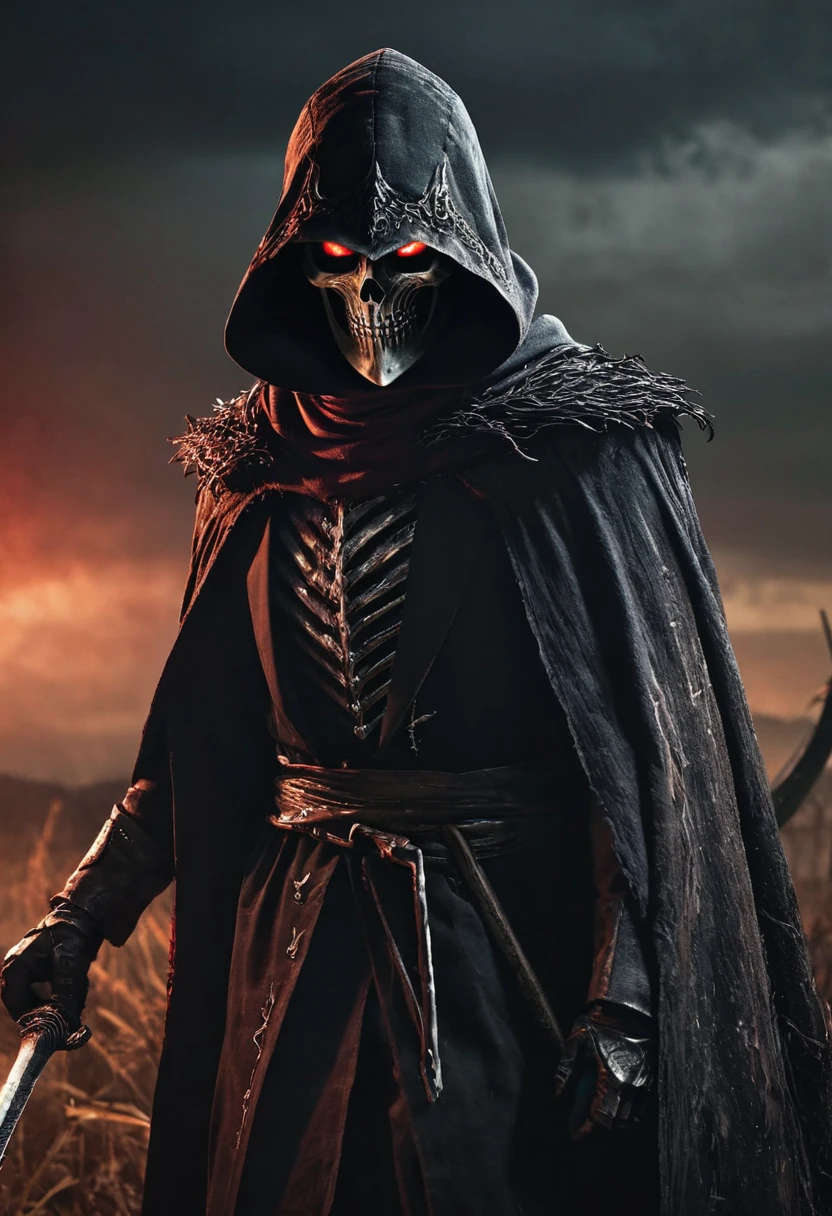 Killing representative,female pervert, Green, Blue and white armor texture complex pattern handsome,Put on the Grim Reaper cloak,Sheep's hooves feet,The background is a terrifying hellish environment,Image quality: Ultra-high detail CG,Dark background,The light is dim,Show the breath of killing,There are hellfire and dead souls everywhere around。(tmasterpiece, Excellent image quality, hyper-high detail, horror theme, deep dark background, low illuminance, The details are unbeatable)