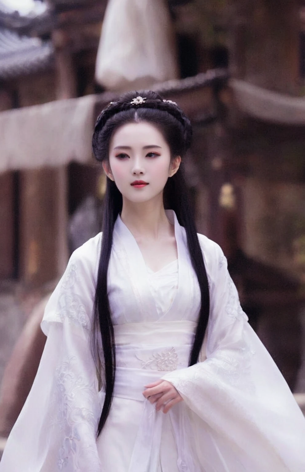 araffe woman in a white dress walking down a street, palace ， a girl in hanfu, white hime cut hairstyle, white hanfu, ruan jia beautiful!, chinese princess, ancient chinese princess, wearing ancient chinese clothes, xianxia, heise-lian yan fang, inspired by Zhu Derun, xianxia fantasy, young wan angel