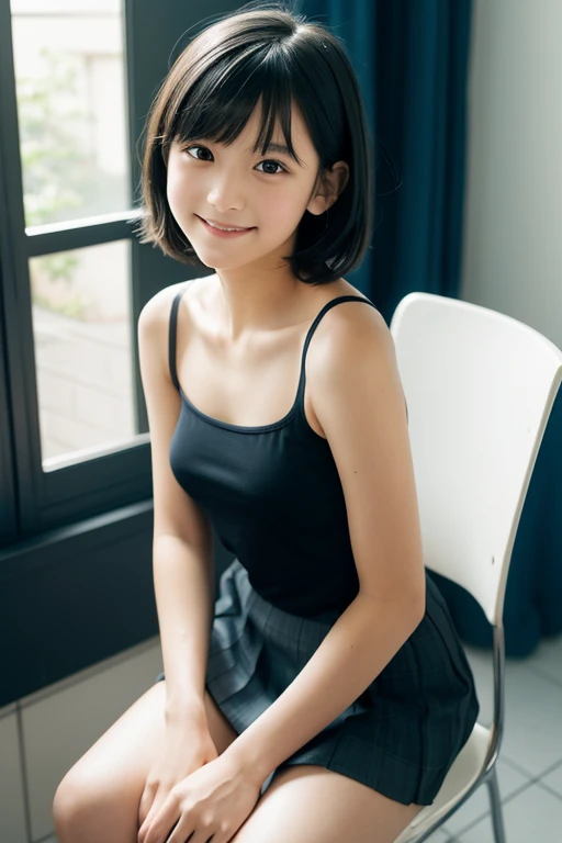 One Girl, short hair,Black Hair,smile,Inside the room, summer,sofa,Sit down,Tank top,skirt,,Look at the small bulge of her breasts here,transparent, (masterpiece, Highest quality), Soft Light, Structure of the film, Information like a movie
