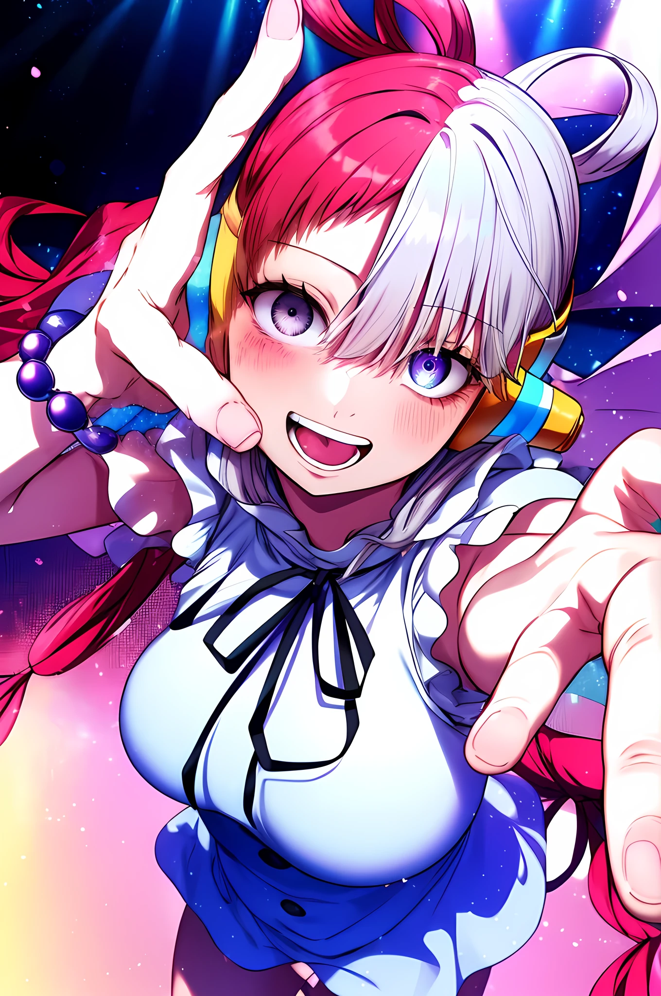 Masterpiece, Best Quality, 8k, Ultra-high resolution, Best Quality, Anime Style, Best Lighting, Beautiful face, The best finger, The best hand, Optimal Eye, Beautiful Makeup, (Captivating eyes:1.3) masterpiece、Best Quality、High Resolution、1 girl、Split color hair、Hair on one eye、Red Hair、Multicolored Hair、Long Hair、Purple Eyes、Hair Ring、White Dress、Headphones、Gray Hair、Black Ribbon、bangs、Sleeveless、Medium Bust、、Cowboy Shot、on stage、sing、Reaching out、Hold the microphone、
