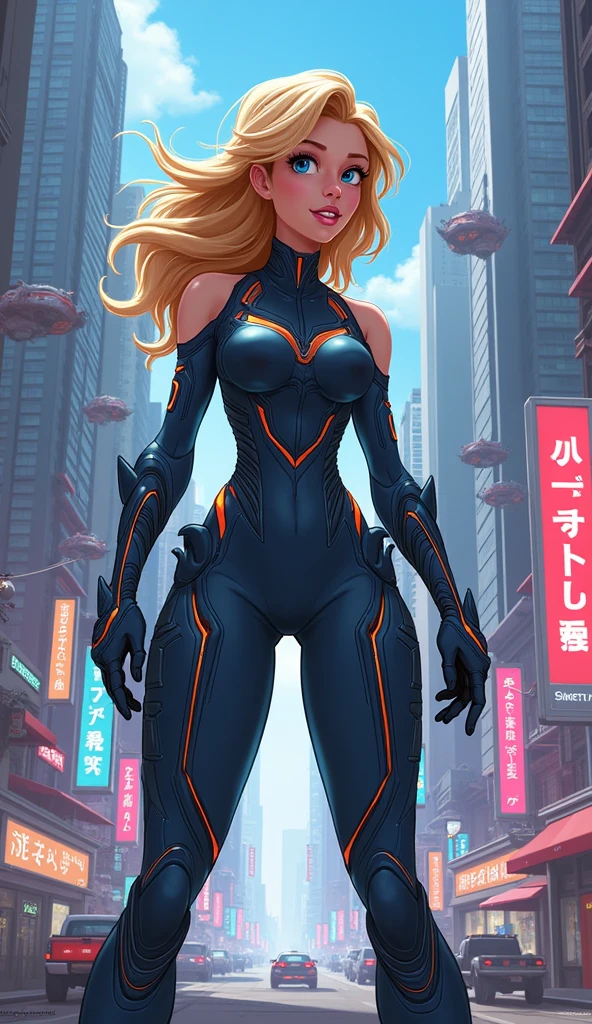 mecha woman with long blonde hair, smile, standing in a busy city street, high quality, highly detailed, masterpiece, digital illustration, pg_rating