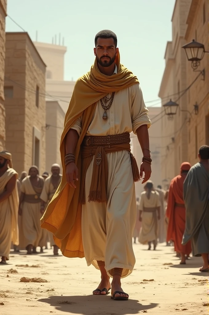 wearing: white woolen cloak, red striped shawls of Qatari origin wrapped around his shoulders, headgear of fine cloth, wearing a yellow loincloth, covering his shoulders with a flowery black shawl, face not seen bacause of sunlight, lifting 900kg door of khyber with one hand