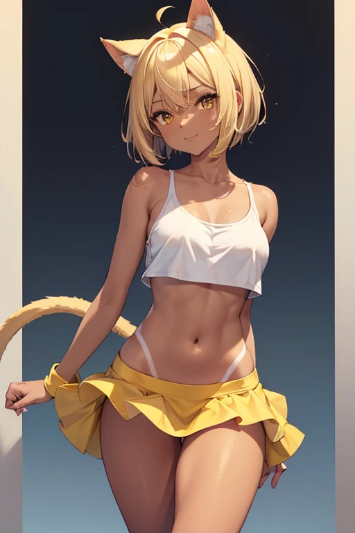 High quality, Ultra detailed, best quality, insanely detailed, beautiful, masterpiece,Sexy cat-eared girl in a very revealing outfit that's almost naked wearing extremely low-waisted yellow microskirt and white sports bra is dancing in the grassland,Blonde hair, (black cat ears:1.1), (tanned skin:1.3), (dark skin),yellow eyes, pointy eyes, bob cut hair, bare neck, collarbone, bare shoulders, cleavage, large breast, white sleeveless sports bra with frills, crop top, midriff, navel, bare groin area, (groin line:1.3),yellow elbow gloves, yellow ultra low rise micro mini skirt, bare groin area,(extremely ultra low-rise micro mini skirt that exposes the groin area:1.4), (extremely ultra low-rise micro mini skirt which is so short that her pubis is visible:1.4 ),(Excessively low-rise skirt:1.3), (microminiskirt is so low-rise that Almost the entire groin area is exposed:1.1),(Hip bone:1.4), wide hips, thick thighs, (pubis exposed:1.4), (extremely low-rise micro mini skirt which is so short that her groin area is visible:1.4 ), A skirt that is too short to cover the crotch,The hem of the skirt is jagged,bare Lower abdomen, (no panties:1.4), (pantyless:1.3),no underwear, (ass visible through thighs:1.1), yellow thigh-high socks, black cat tail, Grassland, curvy, thigh gap, dynamic pose, dynamic angle, smile, sluty,Bloomer-shaped tanlines