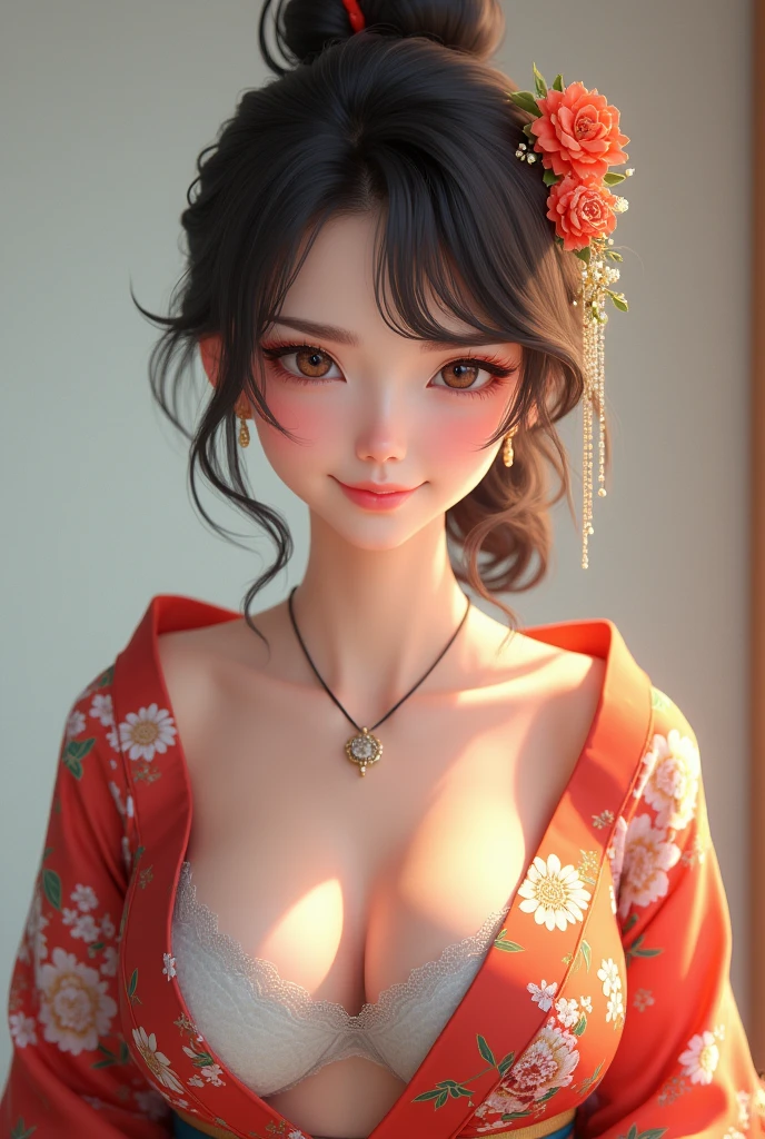 (A hyper-realistic)、(illustratio)、(hight resolution)、(8K)、(ighly detailed)、(Best Illustration)、(beautifully detailed eyes)、(top-quality)、(ultra-detailliert)、(masterpiece)、(wall-paper)、(A detailed face)、1 girl in、view front、fine detailed、A detailed face、bangss、Beautiful breasts、(top-quality、8k、32k、masterpiece)1girl、long black hair、beauty breast、(Floral kimono in detailed black tones:1.5)、cleavage of the breast、Stick out your left shoulder、Stick out your left breast、(Detailed exposed bra:1.1)、Beautiful flower tattoo on upper left body、(Random Posing:1.8)、Dignified smile、