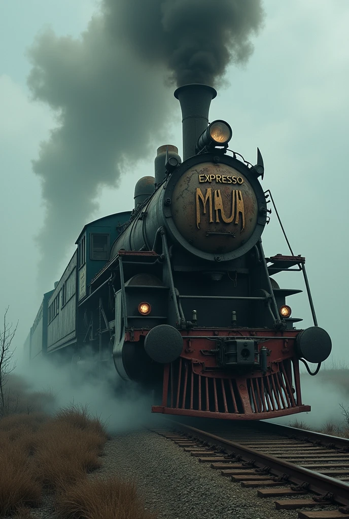 Create an image of a very scary and frightening train, written “Expresso Mauá”
