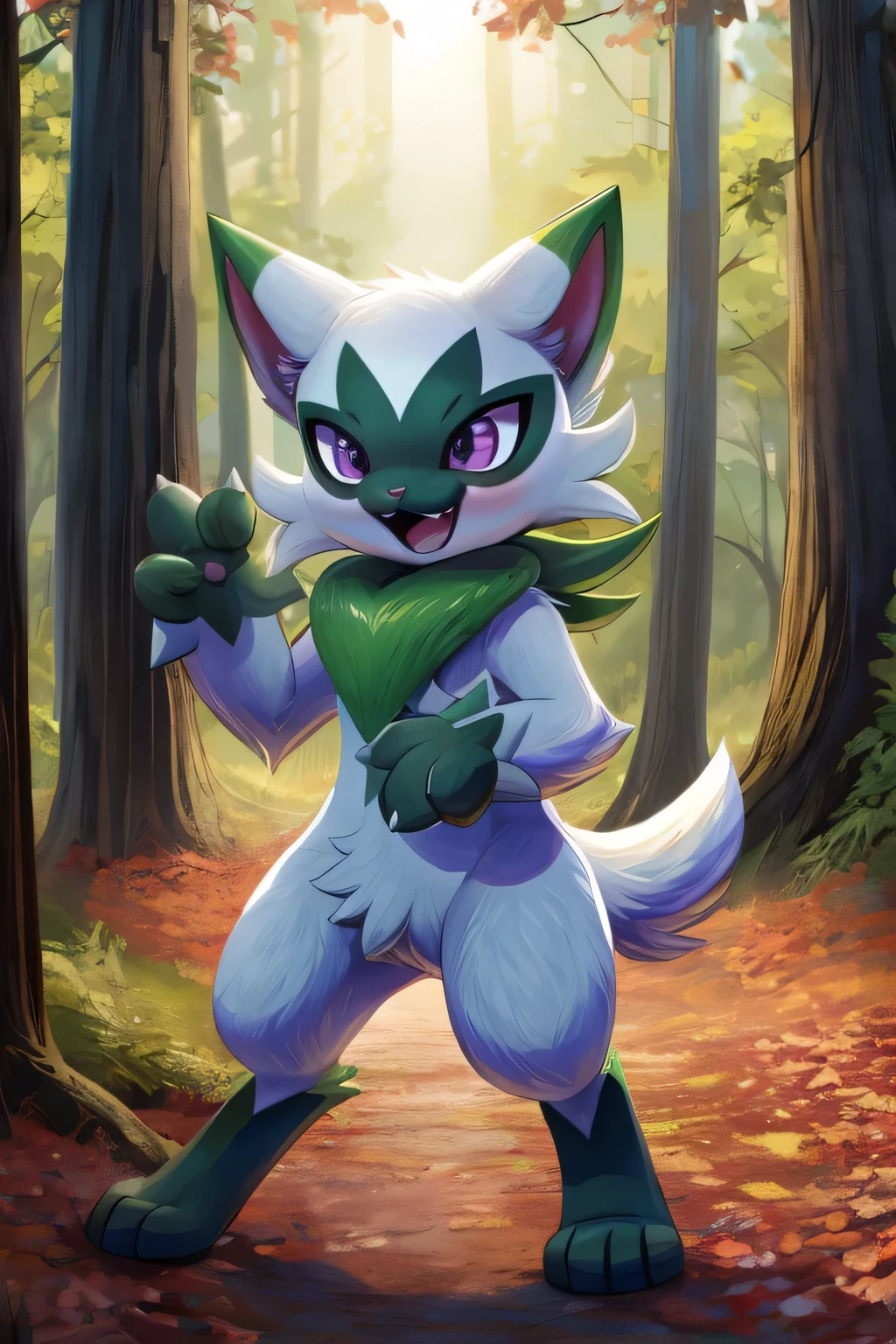 Floragato, furry pokemon, cat, feet, Only, (Body fur:1.2), (Best quality), (Detailed fluffy fur:1.1), Animal hands, tail, shiny pokemon, female, purple eyes, solo, forest, day, laughing, teeth clenched, standing position