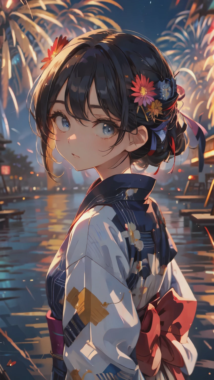 ((masterpiece, Highest quality, Super Definition, High definition)), alone, beautiful girl, Shining Eyes, Perfect Eyes, , Blue Theme, Yukata, firework