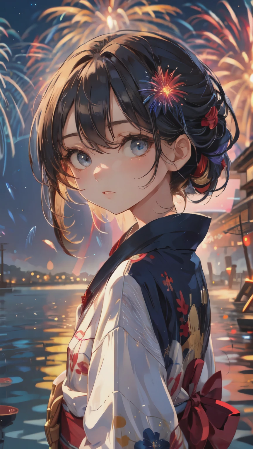 ((masterpiece, Highest quality, Super Definition, High definition)), alone, beautiful girl, Shining Eyes, Perfect Eyes, , Blue Theme, Yukata, firework