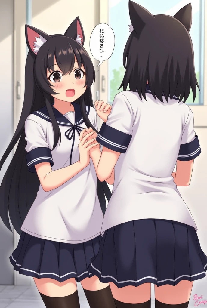 Black Hair、Long Hair、Cool、Small breasts、Confused eyes、Standing back、Ahegao、You have a dick in your.、peace sign、My body is twitching、Squirting、classroom、high school student