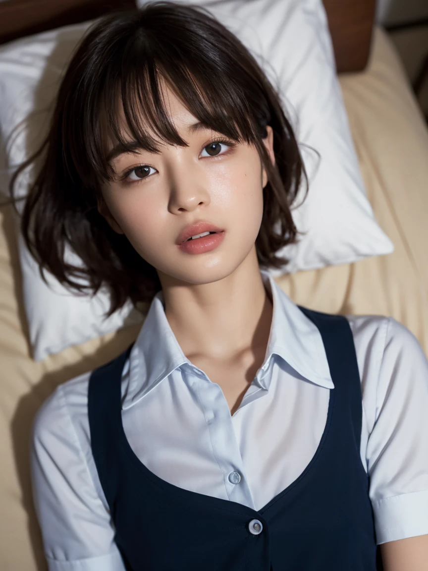 (8K, RAW Photos,Highest quality, High resolution:1.1), (超Realisticな:1.4),(Realistic, Realistic:1.3),The Beauty of Japan、masterpiece, Realisticな, In 8K, Best image quality, Highest quality, 1 girl, (Esbian all over),  Absurdな, High resolution, Photorealistic, Realistic skin texture, Seeing the viewer, 8K Ultra HD, RAW Photos, masterpiece, Highest quality, Realistic, photo Realistic, 非常に詳細な CG ユニティ 8K 壁紙, Absurd, Highly detailed skin, close, throw, From above, orgasm, Ecstasy, Open your mouth, Lying down, Sleeping in bed, (chest), (Button unbuttoned , shirt:1.3), Underarm, Leg spread, short hair, Shiny skin, Wet Skin,