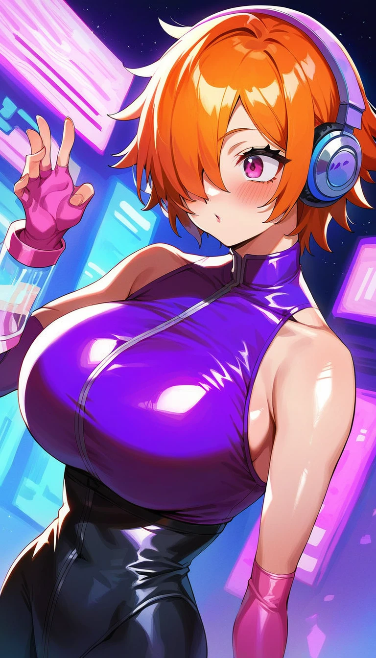 1girl, large breasts, breasts, bare legs, thick thighs, short hair, orange hair, leotard, very short hair, black leotard, neon trim, neon lights, neon, machinery, tech, science-fiction, futuristic, smile, blue eyes, wings, spread legs, squatting, salute, saluting, milf, mature female, toned