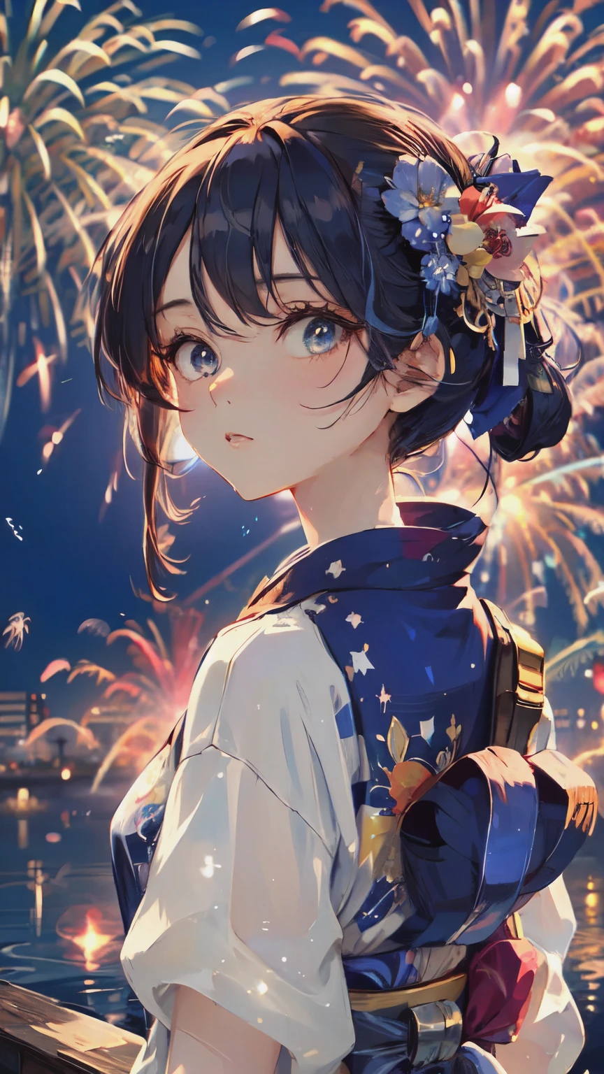 ((masterpiece, Highest quality, Super Definition, High definition)), alone, beautiful girl, Shining Eyes, Perfect Eyes, , Blue Theme, Yukata, firework