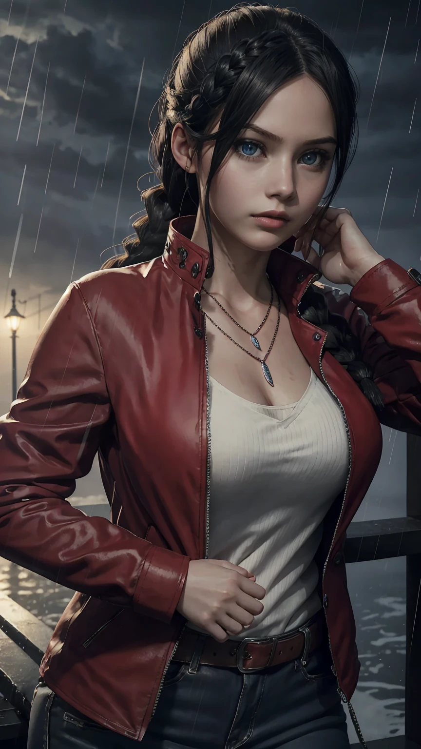 ClaireRedfieldR, 1girl, solo, jewelry, black hair, rain, blue eyes, red jacket, jacket, necklace, long hair, braid, realistic, upper body, breasts, parted lips, looking at viewer
