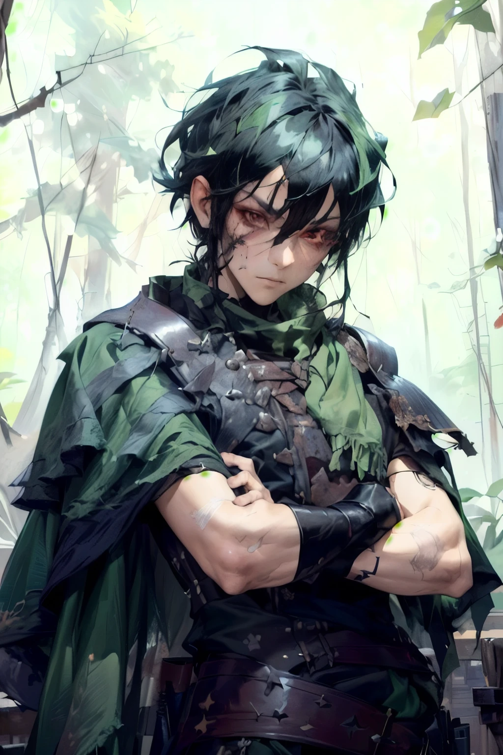 a person in the forest, short cut black hair, Taiwanese ethnicity, large lips, large red scar going over right eye, large red scar going down right cheek androgenous, scar tissue on right side of the face, slim fit build, wearing tattered dark green robes, dark green cloth shoulders, wearing a thick green shawl/scarf, has torn and tattered robes underneath scrappy leather armor, tattered shoulder cape similar to a simar, arms crossed over chest, serious expression, head tilted up. flat shading, drawing outlines, apocalyptic