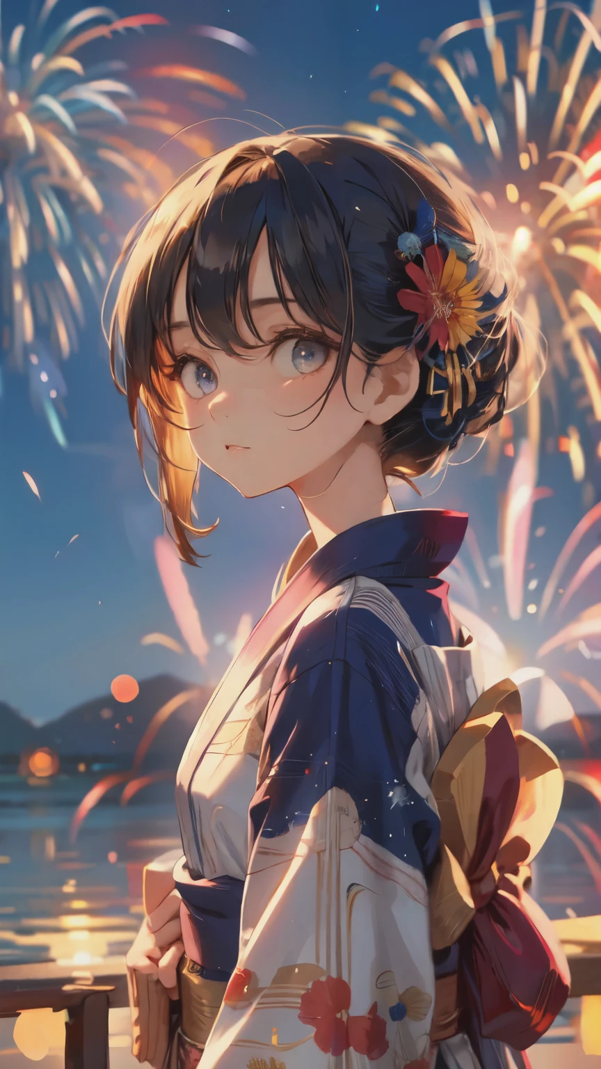 ((masterpiece, Highest quality, Super Definition, High definition)), alone, beautiful girl, Shining Eyes, Perfect Eyes, , Blue Theme, Yukata, firework