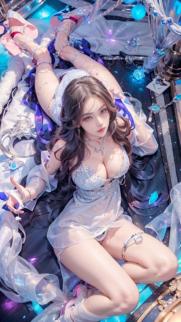 2，(((bishoujo，beautiful girl，Deep V，open cloths，silk，Exposed breasts，((Pure and sexy:1.2))，((sexy play:1.2))，from below，bailing light element, bailing particles, bling bling，curvy )))，((Depressed look:1.2))，Perfect dynamic composition,  Charming pose，，masterpiece, best quality, high resolution, 8k, HDR, raytracing, detailed shadows, beautiful girl, hyperdetailed，Bright colors，Ultra HD、smooth、exquisite，2