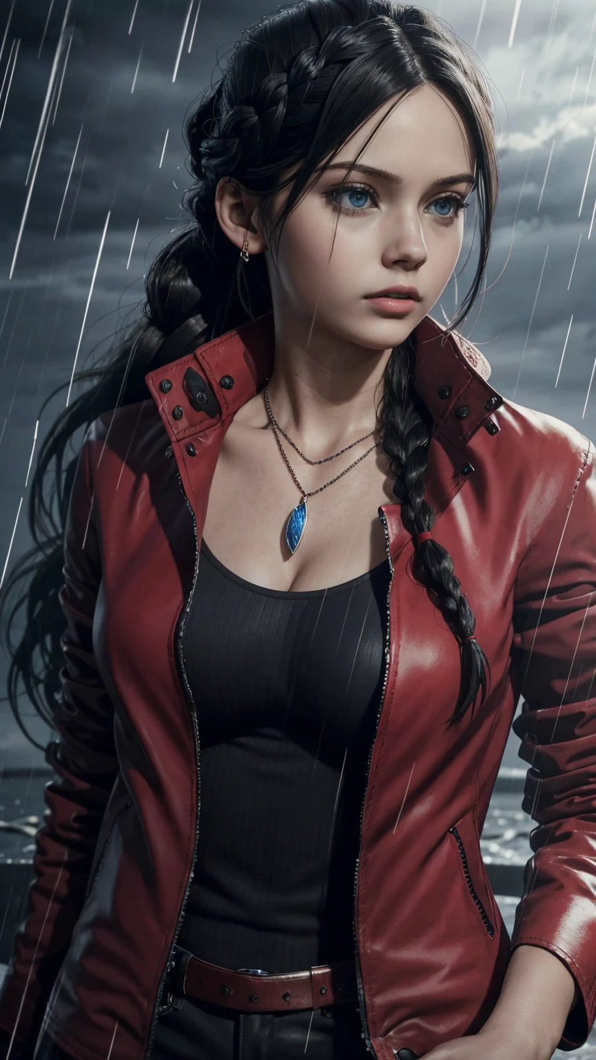 ClaireRedfieldR, 1girl, solo, jewelry, black hair, rain, blue eyes, red jacket, jacket, necklace, long hair, braid, realistic, upper body, breasts, parted lips, looking at viewer, 