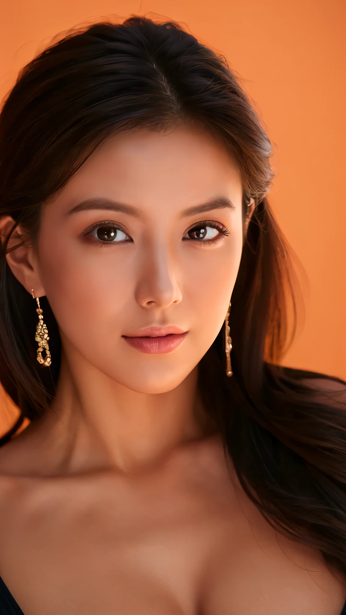 A close up of a woman with long hair wearing a black dress - SeaArt AI
