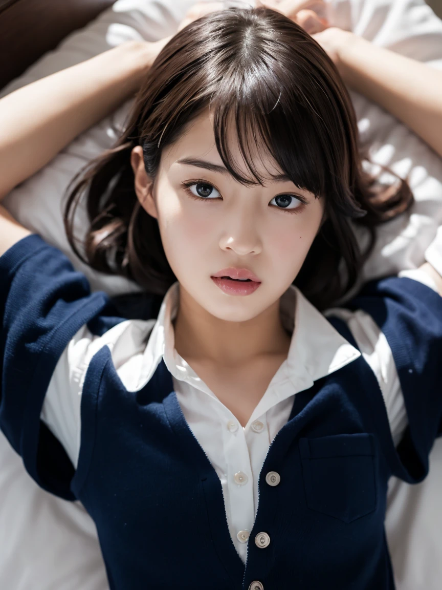 8k,masterpiece,Japanese,9-year-old girl,Crying face,cute,Innocent face,Innocent,Kind eyes,Childish,A plain white shirt with a wide open chest Clothes that show your body lines Short sleeve,Blue checked short skirt,semi-long,Hair blowing in the wind,Black Hair,Somewhat strong wind,noon,bright,Lying down I can see your white panties Pure Pure white bed Beautiful pussy