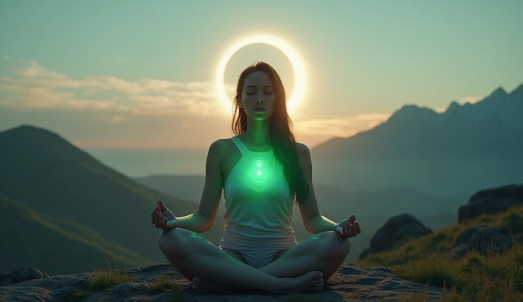 I would like a person in a yoga suit in a state of meditation. A subtle light comes out of their chest, drawing the shape of the Kundalini energy, forming a mushroom in the chest., behind a landscape that is very calm, natural and with stars. In the corner of the image two cute mushrooms intertwined these multi-colored mushrooms evoking a psychedelic trip these mushrooms must be in the corner of the image