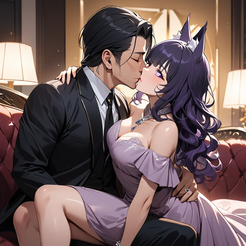 anime artwork, score_9, score_8_up, score_7_up, score_6_up, score_5_up, score_4_up, hu tao, she is 24 years old, style_3, sit,,,,,,,,,, bikini, 1boy, zhongli, he grabbing her ass, they are kissing, indoors