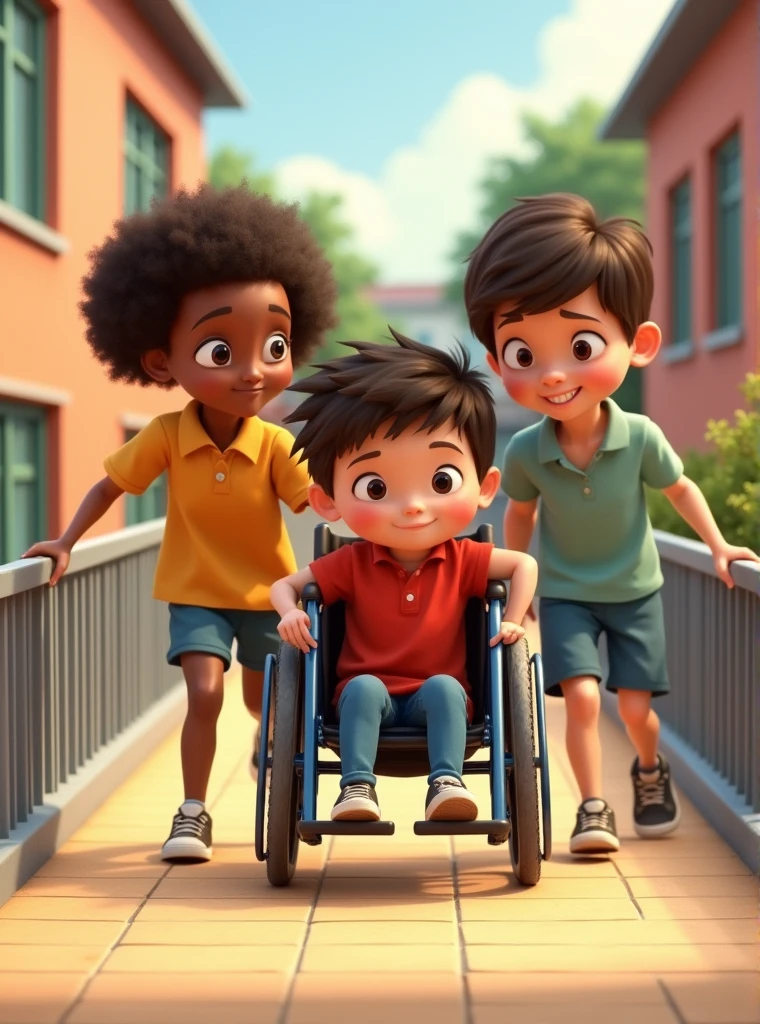 Children pointing at the boy in the wheelchair