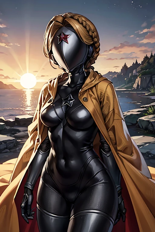 AHTwins, robot, no face, faceless, blonde hair, braid, star (symbol), traditional, standing, outside, black bodysuit, sunset, high quality, masterpiece, cape, long cape, long skirt, gloves