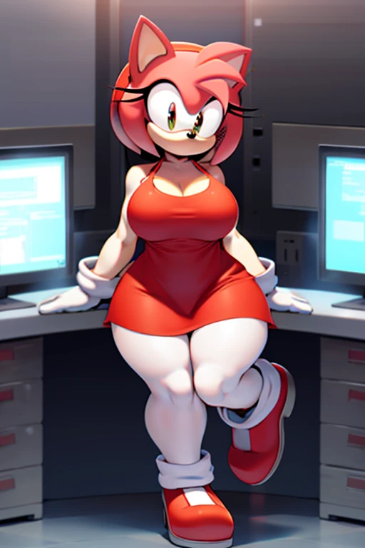 1girl, animal ears, animal nose, bare shoulders, body fur, huge chest, full body, furry, furry female, blue fur, red eyes, gloves, red hairband, red dress, red footwear, short hair, sleeveless, sleeveless dress, white gloves, thick legs, hedgehog ears, hedgehog girl, lab coat, lab